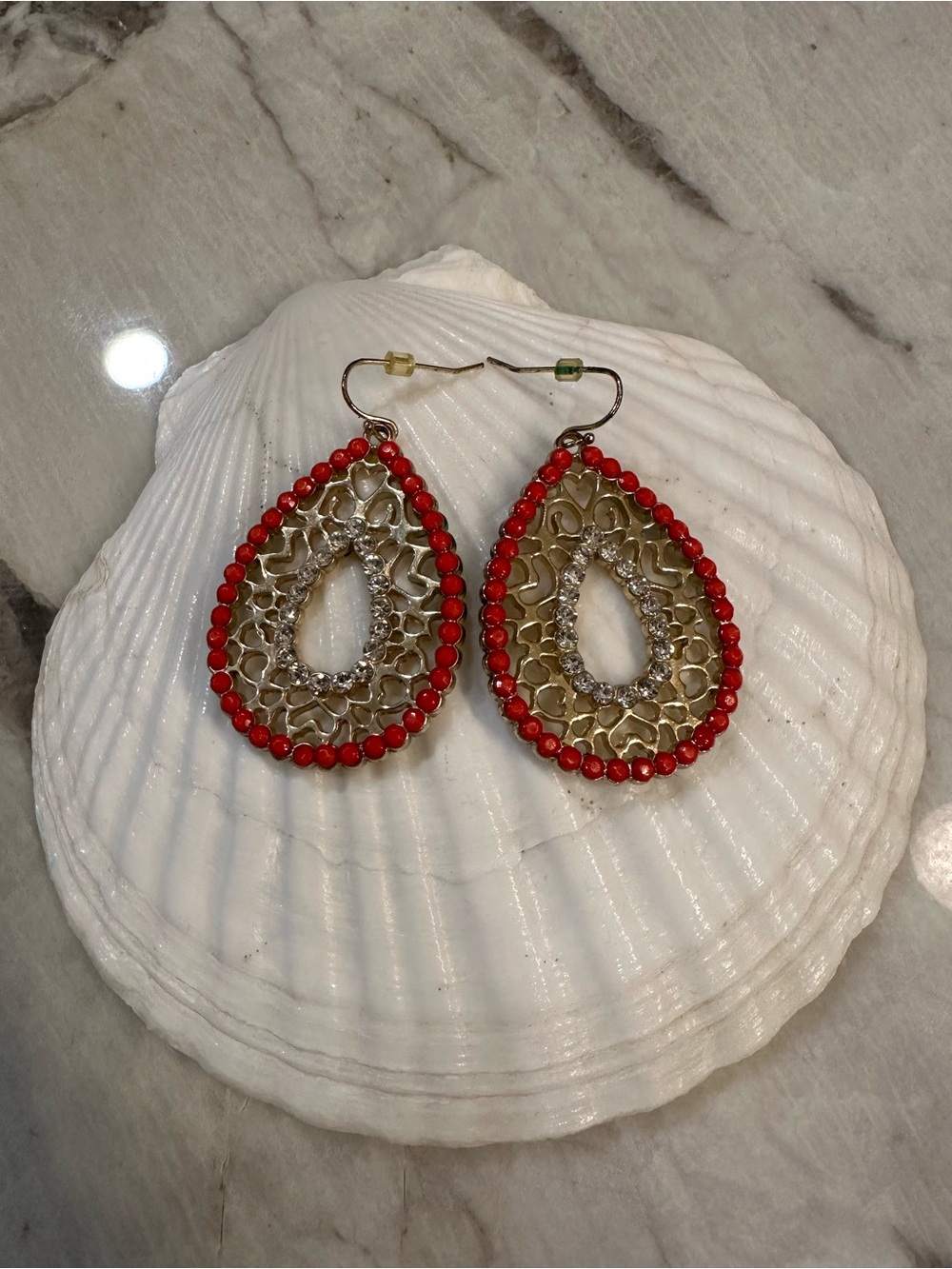 Red Teardrop Filigree Dangle Earrings - Brand Unknown